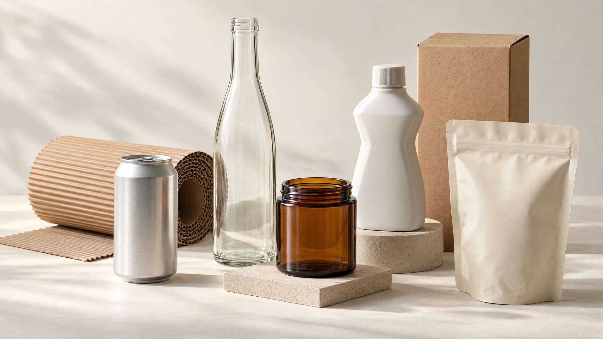 Glass, metal, plastic and paper packaging in a warm editorial still life